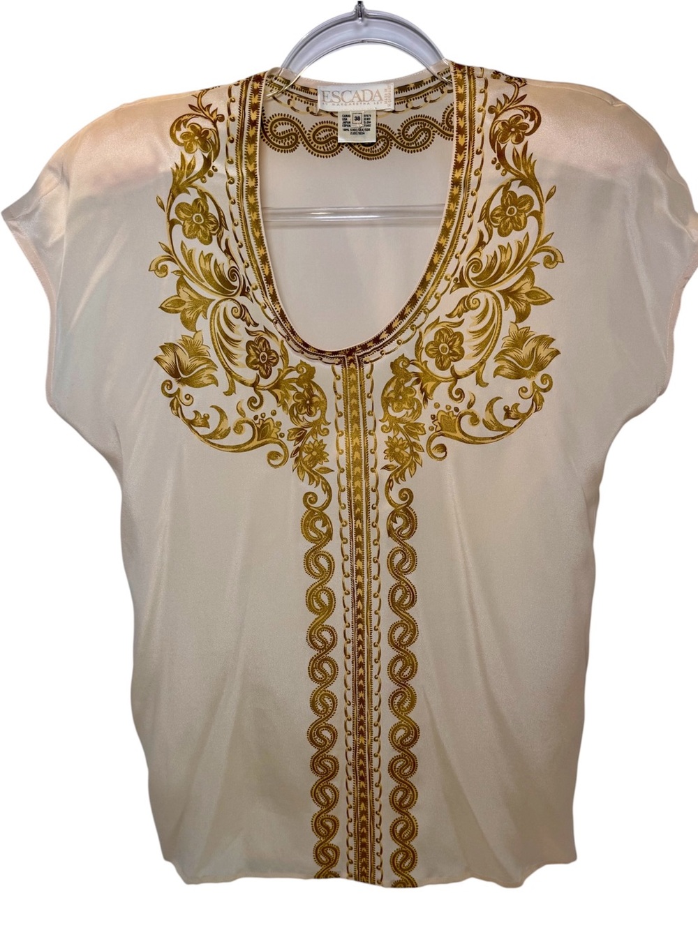 Escada Silk Blouse Cream Gold Baroque Print Luxury Designer Top Size 38